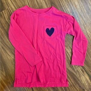 Primary size 6-7 pink long-sleeve shirt with navy heart on chest pocket.